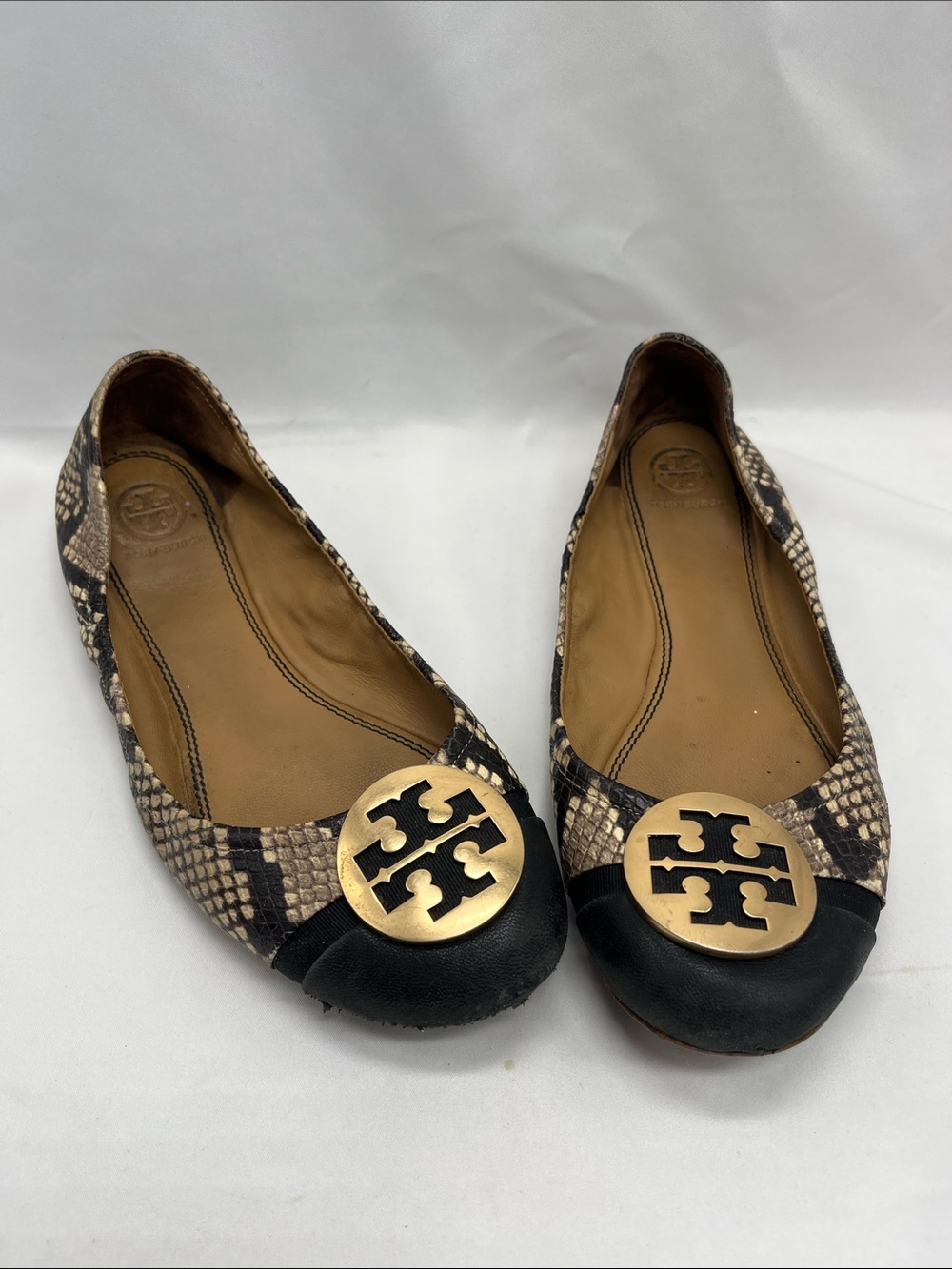 Tory Burch Snake Print Leather Cap Toe Ballet Flats